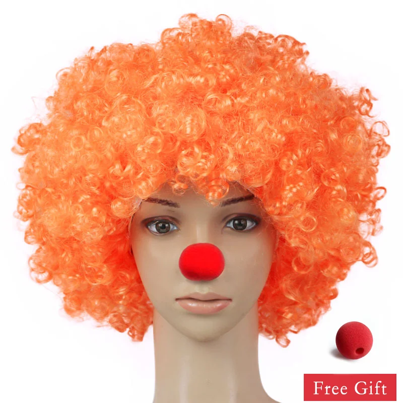 Bunte Clown-Perücke, Afro-Locken, synthetische Perücke, Cosplay für Männer und Frauen, Karneval, Party-Perücke, Rot, Grün, Gelb, Blau, Perücke, Clown-Nase – Detail 10