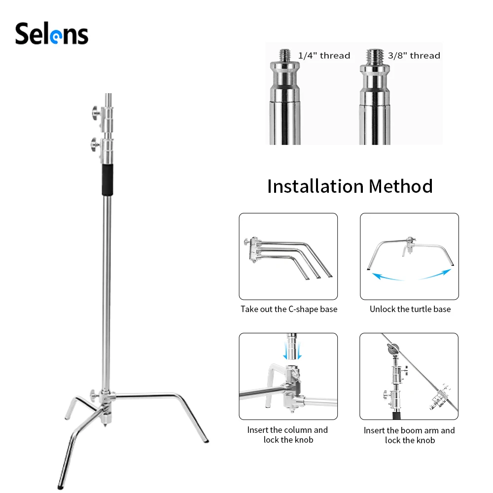 Selens 스테인리스 스틸 C 스탠드 배경 브래킷, 미끄럼 방지, 360 ° 회전 가능, 사진 스튜디오 키트, 사진 소품, 300cm 