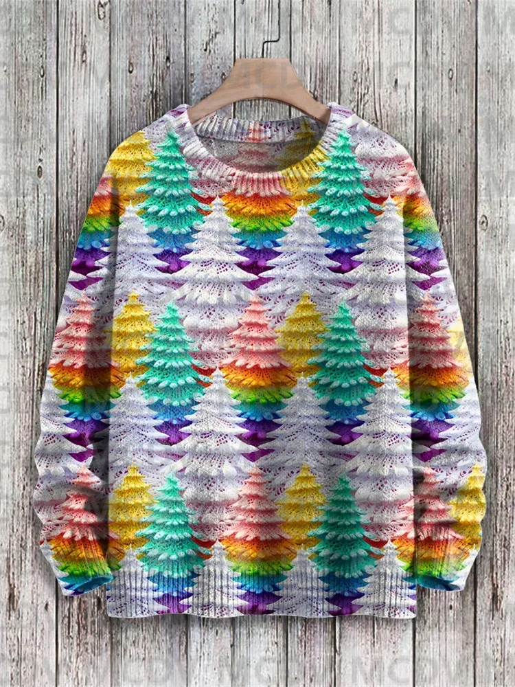 Rainbow Christmas Trees Print Knit Pullover Sweater Men's For Women's Pullover