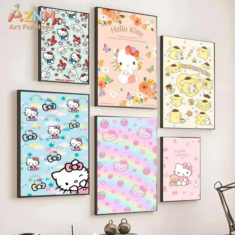 Sanrio Hello Kitty Friends Mint Green Background Canvas Poster No Frame Cinnamoroll My Melody Cute Cartoon Wall Print Girls Room