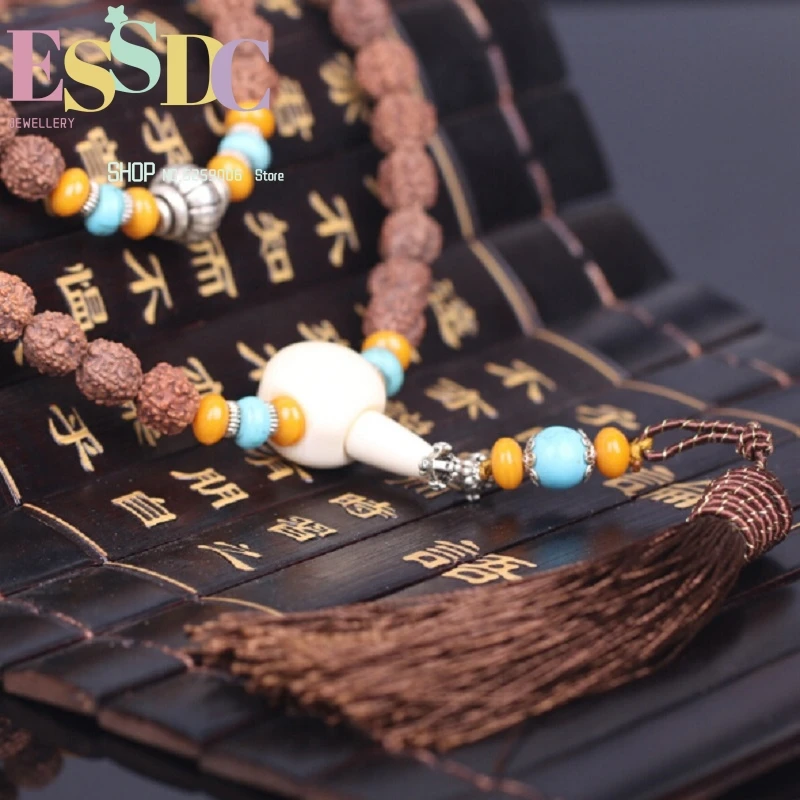 Buddhist 8mm Natural Tibetan Rudraksha Bodhi Seed 108 Mala Jingang Pestle Bone Fringes Prayer Bracelet or Necklace Wholesale