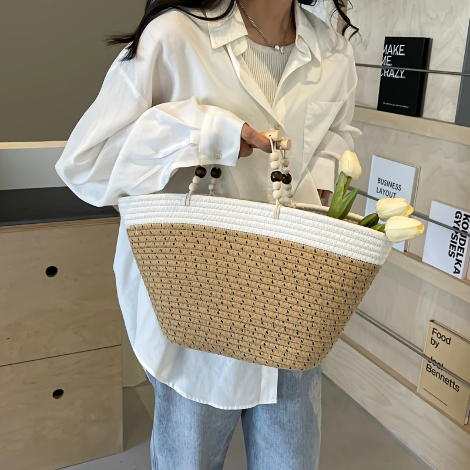 

Woven Beach Bag Women Vegetable Basket Tote Travel Vacation Fashion Style