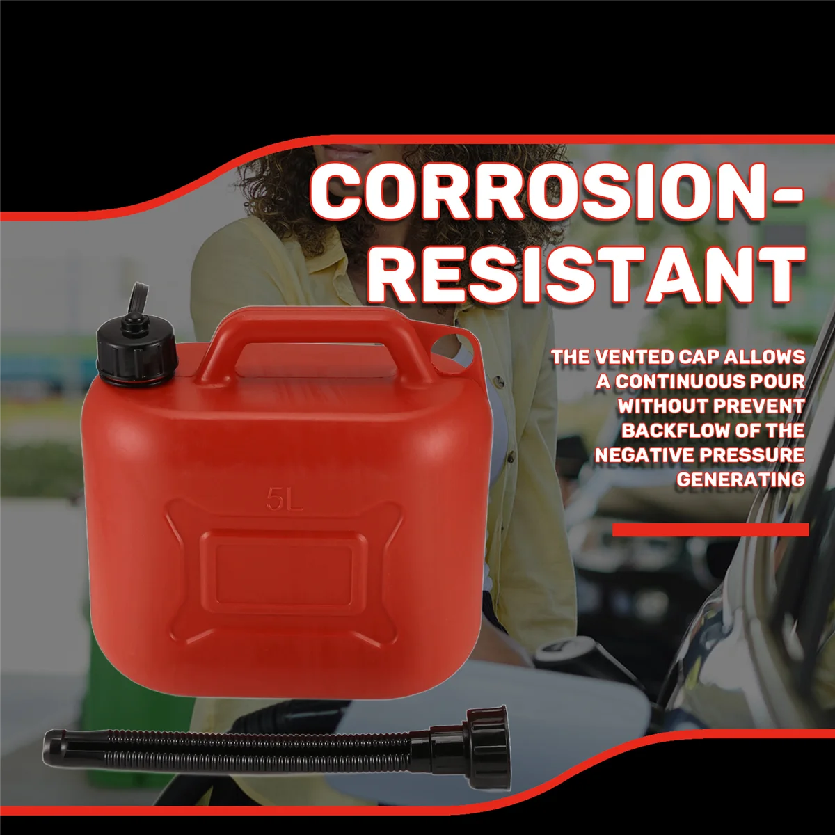 New 5L Car Fuel Tank Can Spare Plastic Petrol Gas Container Anti-Static Fuel Carrier with Pipe for Car Travel