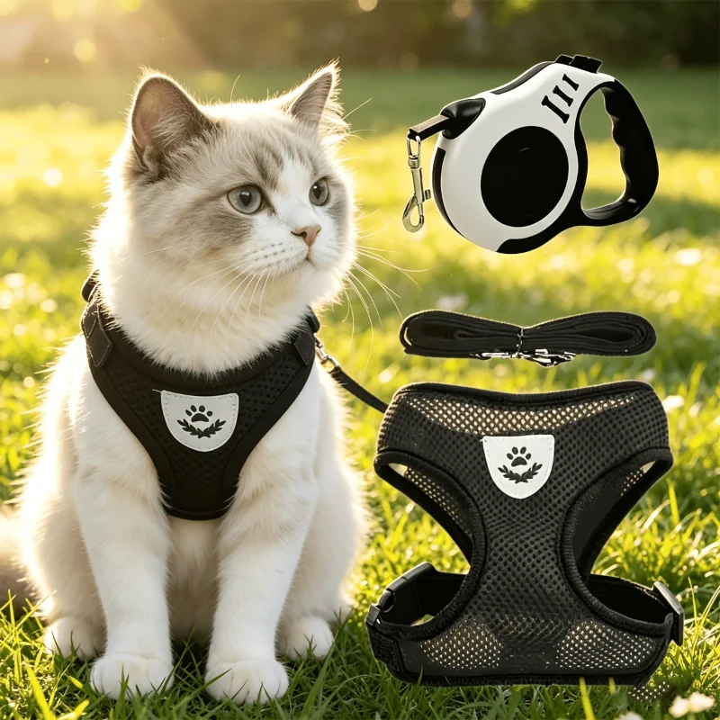3 Pcs Cat Leash Set, Escape Proof Harness + Leash + Retractable, Breathable Vest for Walking, Anti Pull Comfort Fit for Outdoor