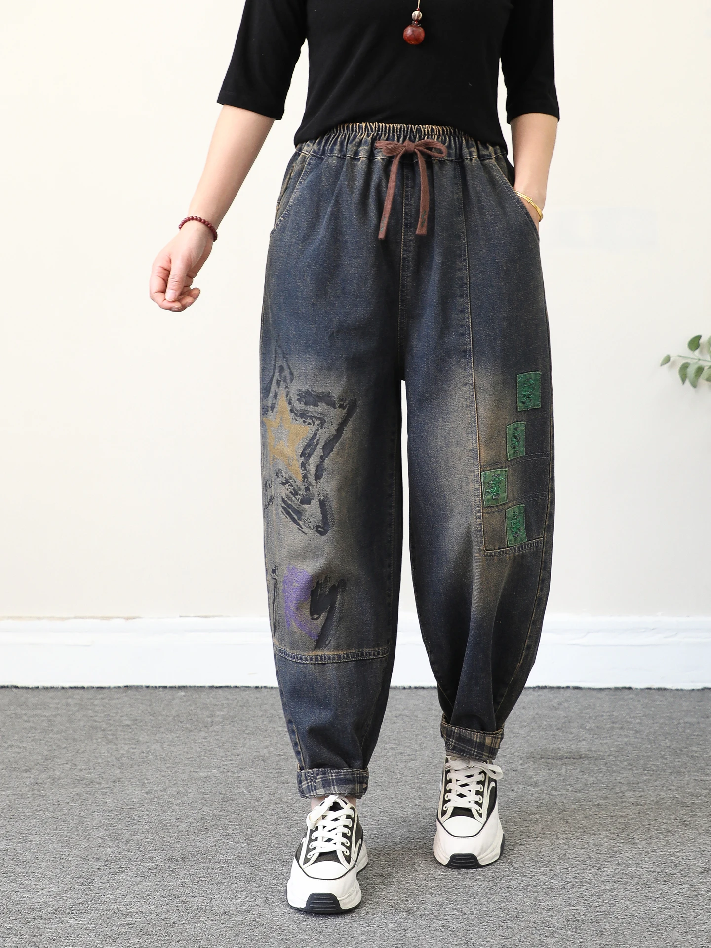 

adient Waed Printed Five-star Patchwork Denim Pants Women Loose Tied Patchwork Harlan Jeans Autumn Casual High W...