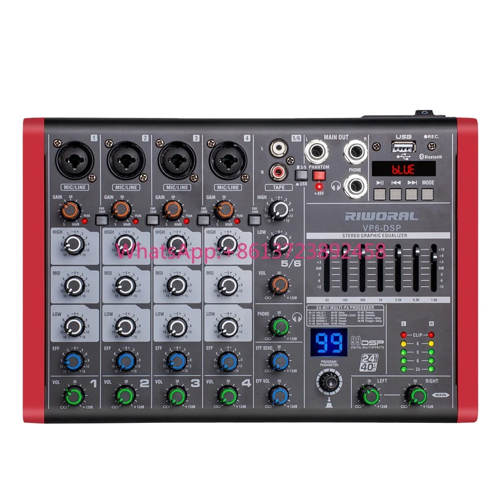Audio Sound Mixer Multiple Effects 99 DSP 6 Channel Bluetooth Recording Studio DJ Mixing Equipment VP6