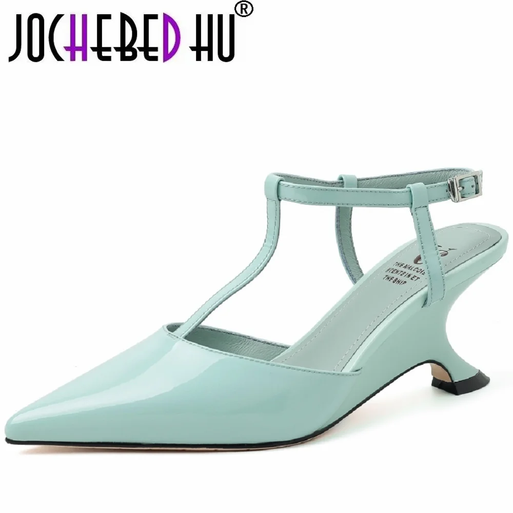 

【JOCHEBED HU】Women Handmade Genuibe Leather Pointed Toe Sexy Ladies Party Wedge Heel Dress Summer Shoes 33-40