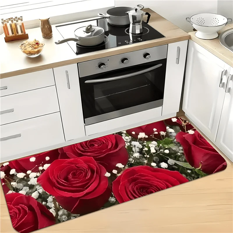 Elegant Red Rose Runner Rug Glossy Petal Water Drop Romantic Floral Art Printed Long Floor Mat for Indoor Washing Space Decor