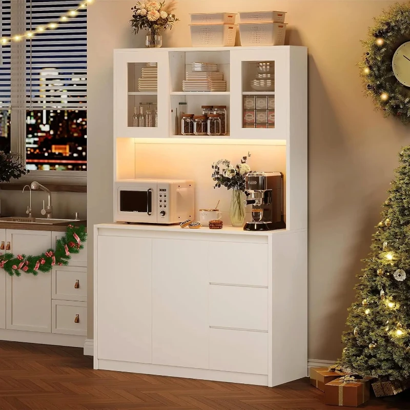 

71 in Tall Kitchen Pantry Cabinet, Kitchen Storage Hutch with Led Lights and Power Outlets, Microwave Stand, Glass Door, Adjusta
