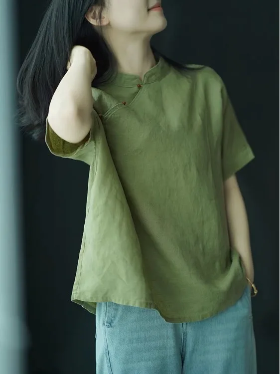 

New Chinese Sle Cotton Linen irt Women's Summer High End Linen ort Sve Stand Collar Small Top Retro Flax Zen Tea Clo...