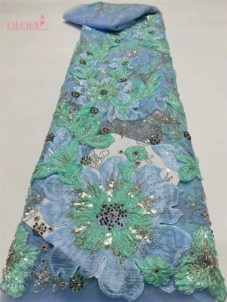 

OLOEY High-End Luxury French Embroidery Lace Fabric with Beads And Sequins 5 Yards Heavy Groom Material for Party Dresses