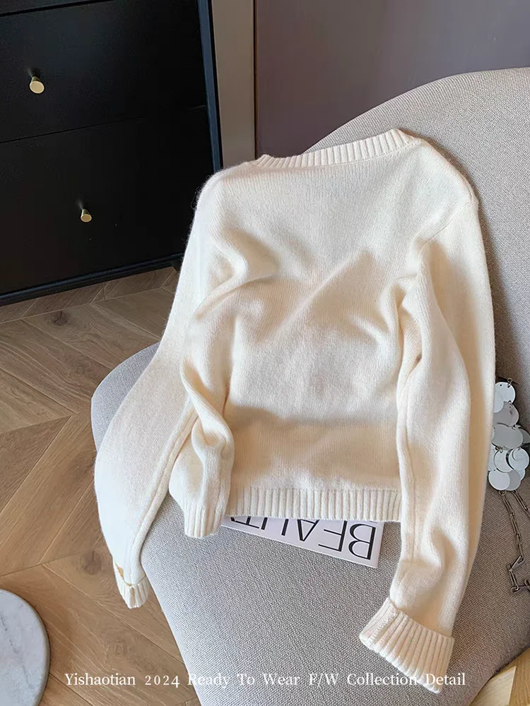 Women\'s White O-Neck Cardigan Sweater Harajuku Y2k Long Sleeves Knitted Cashmere Sweaters Aesthetic Vintage 2000s Clothes Autumn