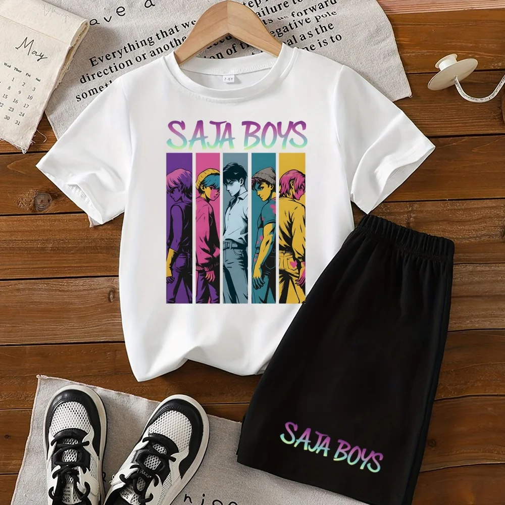 

KPOP Demon Hunter Peripheral Printing Children's Short-sleeved Kids Round Neck T-shirt + Shorts Two-piece Boys and Girls Suit