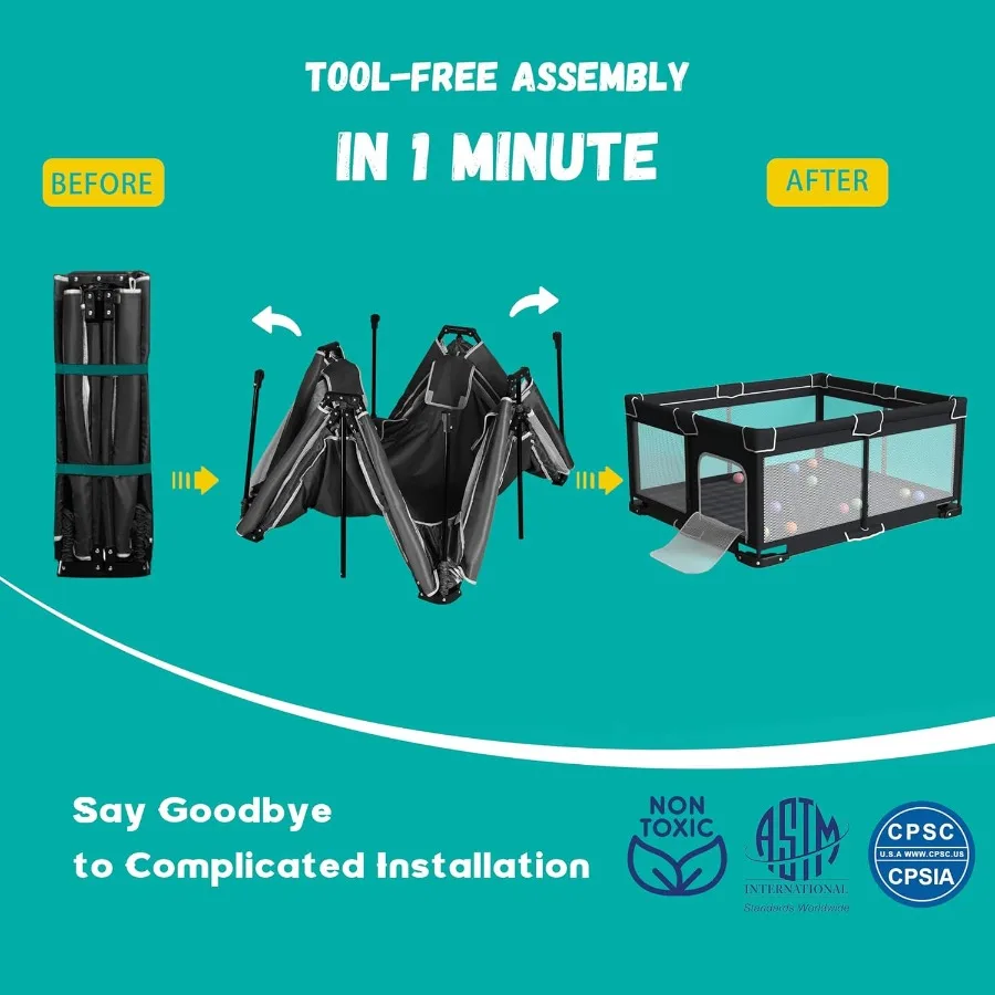روضة أطفال قابلة للطي للأطفال الصغار مقاس 71 × 59 بوصة قلم لعب محمول قابل للطي مع مقودين داخليًا وخارجيًا #6