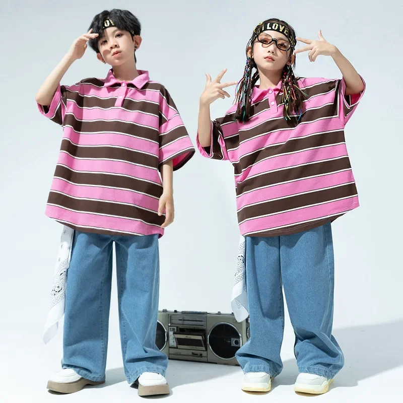 

Детская одежда в стиле хип-хоп, розовая полосатая футболка с воротником-поло, джинсовые синие повседневные джинсы, мешковатые брюки для девочек и мальчиков, костюм для джазовых танцев, одежда