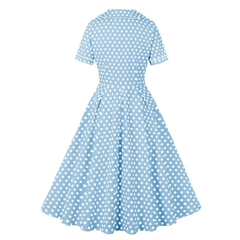 2024 New Retro Women Long Dresses Turn Down Collar Buttons Front 50s 60s High Waist Polka Dot Print Summer Pleated Vintage Dress