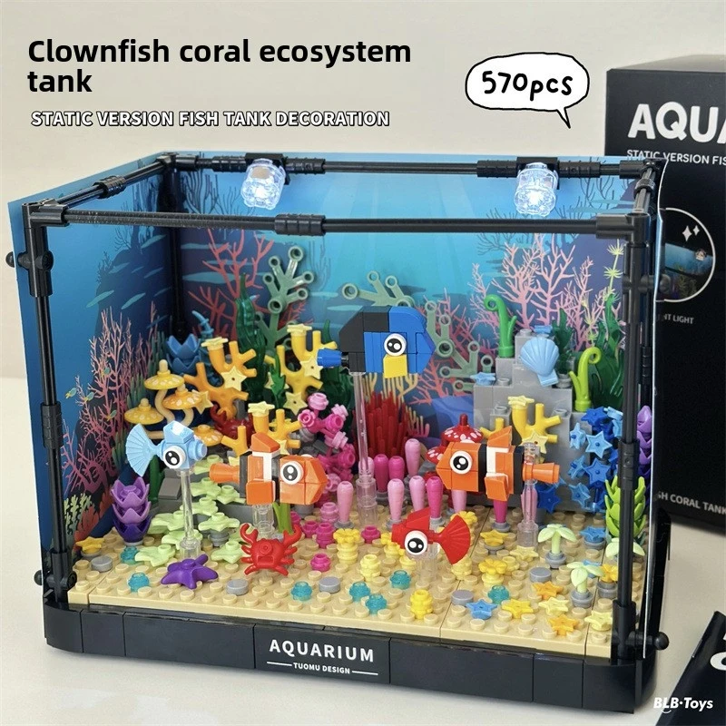 

Simulated fish tank building blocks Eco-friendly fish tank with lights and assembly blocks Clownfish and coral ornament gift