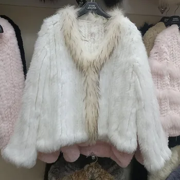 2023 Kadın Örme Gerçek Tavşan Kürk Ceket Rakun Kürk Yaka Kış Uzun Kollu Moda Hakiki Kürk Ceket Dış Giyim Femme