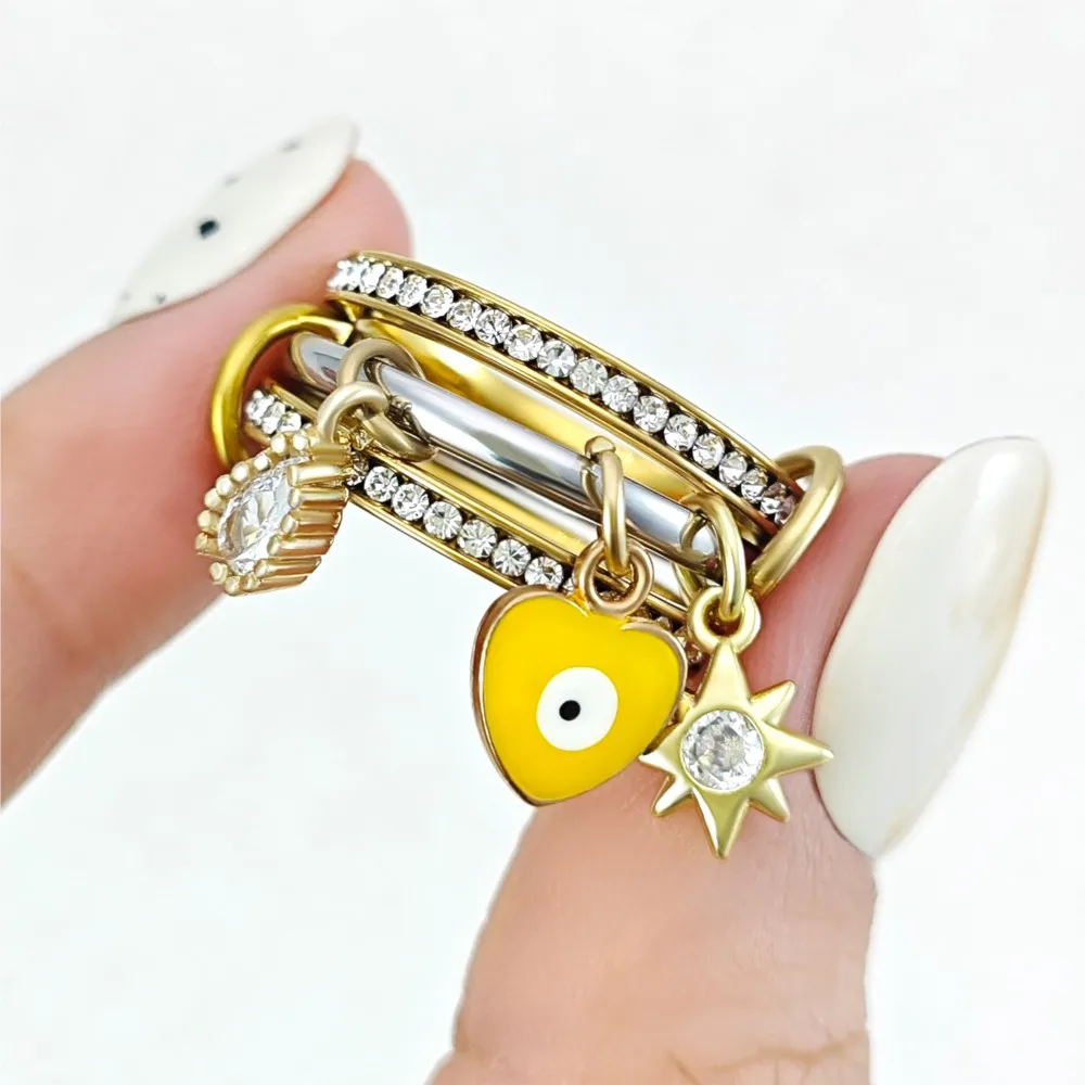 الملونة القلب مع دلايات عين الشر التراص خواتم للنساء الفتيات كامل زركونيا الفولاذ المقاوم للصدأ سبينلي كيلكولين خاتم