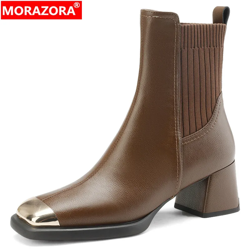 

MORAZORA 2024 New Mixed Colors Genuine Leather Chelsea Boots Square Toe Winter Boots Slip On Platform Ankle Boots