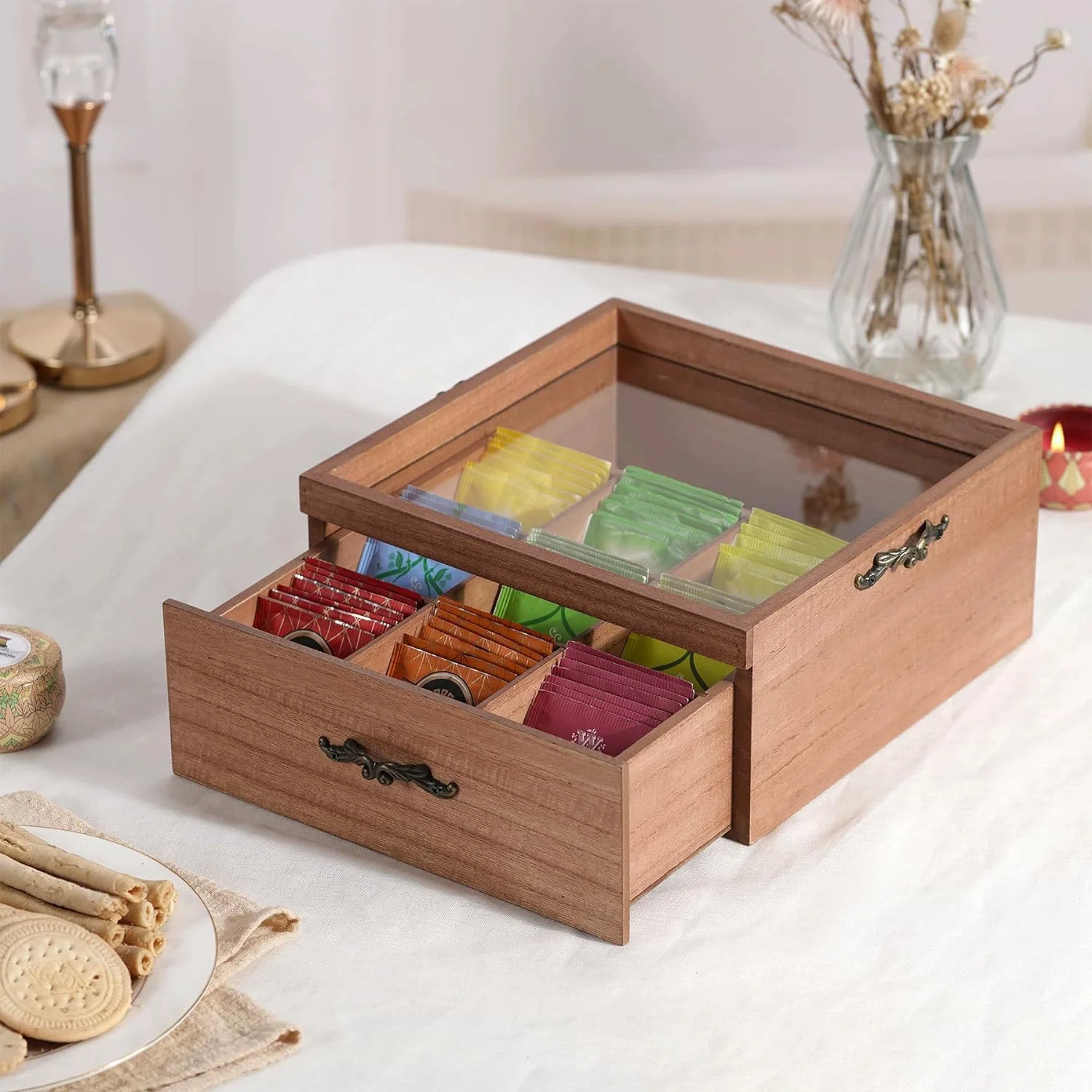 

Wooden Tea Box 9-Compartment Organizer of Boxes You Storage Container Food Tray Wooden Tea Bag Holder Wooden Storage Box