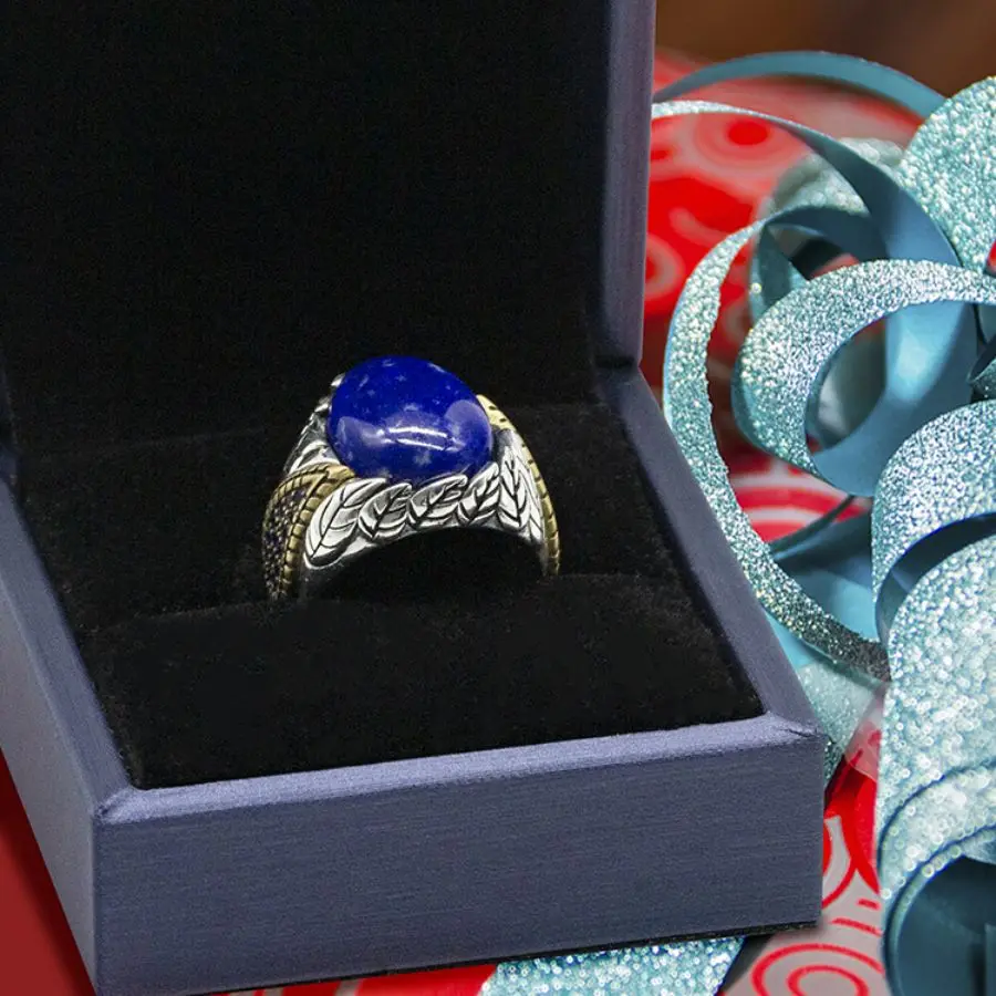 Real 925 Sterling Silver Mens Wedding Ring  Natural Lapis Lazuli Blue Stone Handmade Leaf Vintage Ring