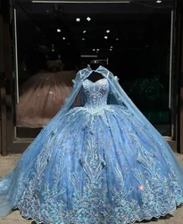 Sky Blue Princess 15 Quinceanera Dresses custom Luxury Spaghetti Strap Dazzling Applique Strap Shawl Vestido 15 Años Quinceañera