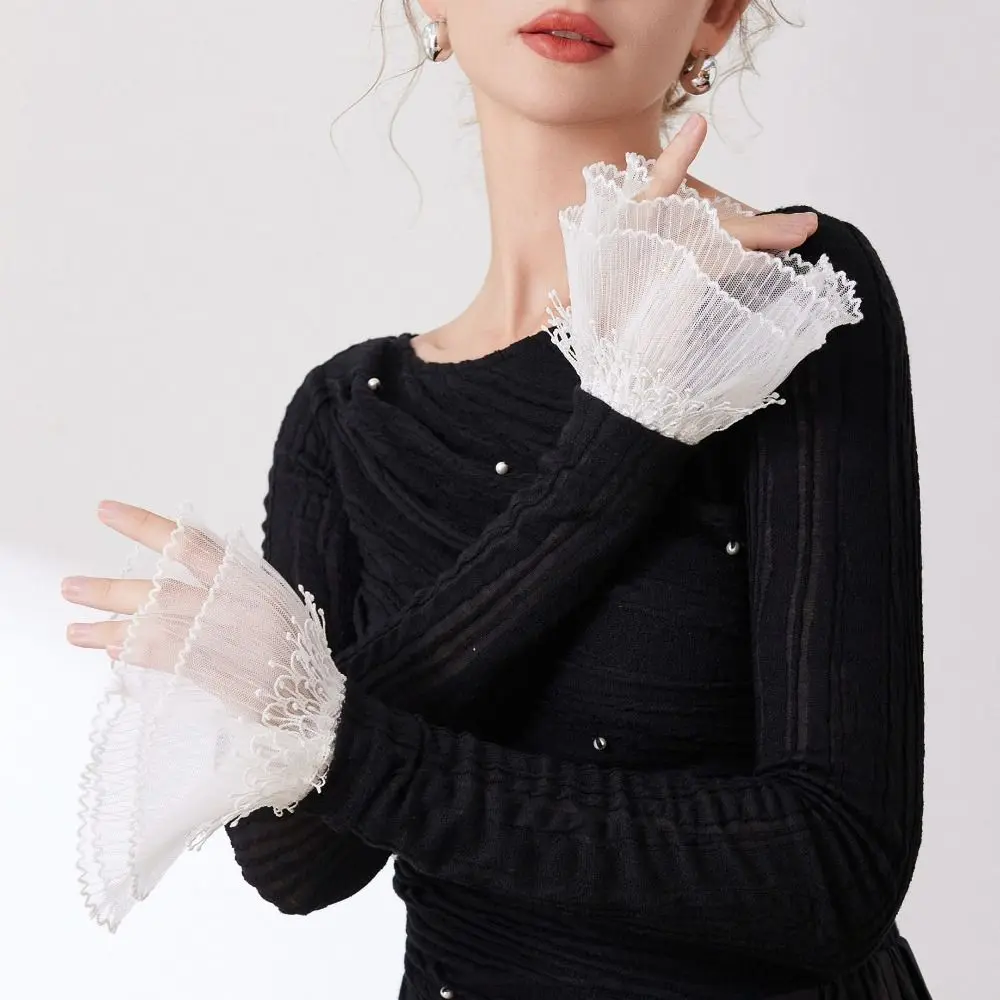 

Casual Double Layer Lace Fake Cuffs Flower Pleated Horn Cuffs Decoration Elastic All-match Lace Sleeve Women's Daily Wear