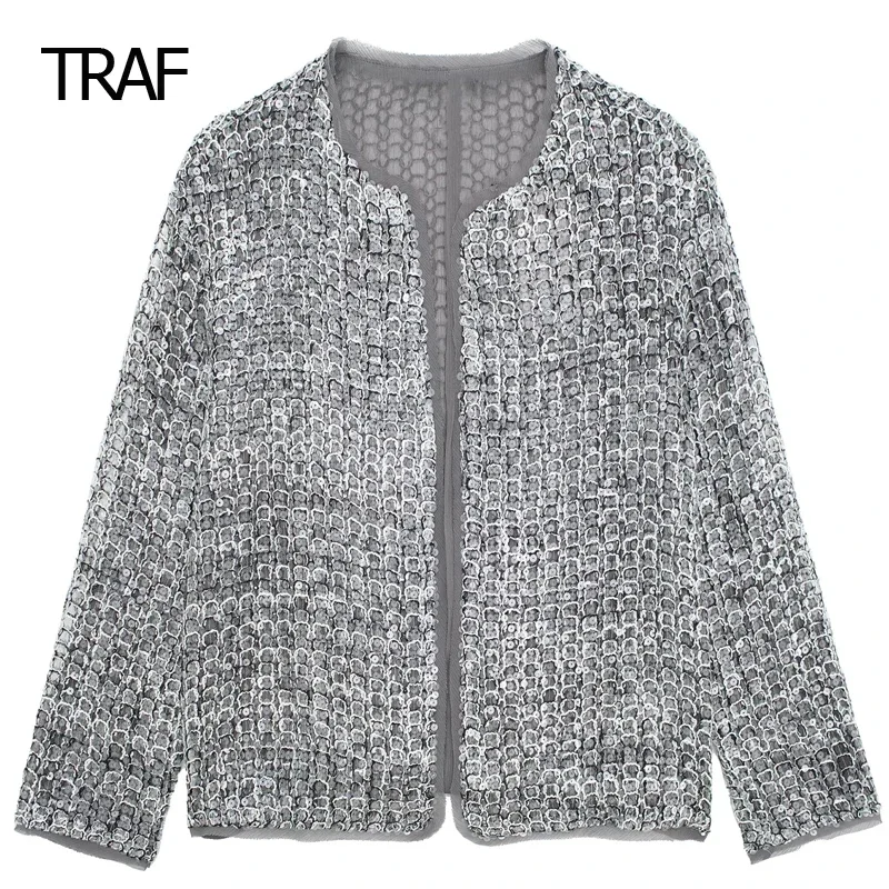 

TRAF Cropped O-Neck Long Sleeves Jacket Women Coat Spring 2024 Sequins Cardigan New In Coats Designer Outerwears Women Luxury