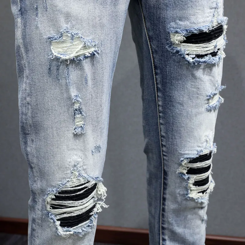 Streetwear Mode Heren Jeans Retro Blue Stretch Skinny Fit Gescheurde Jeans Heren Bedrukt Designer Patched Hiphop Merk Broek Hombre