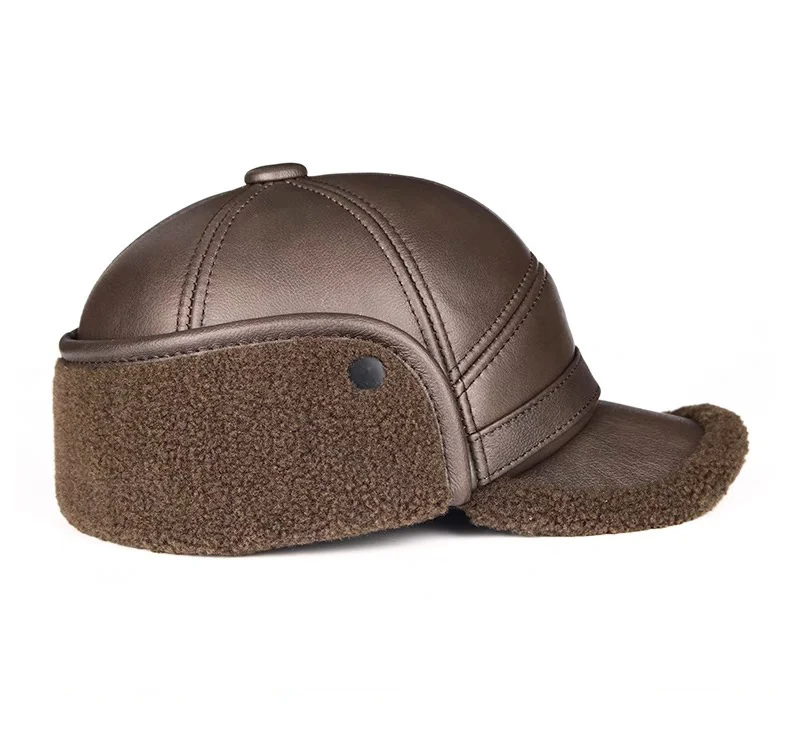 Winter Outdoor Men's Leather The Bomber Hat Thicken Leather Cowhide Baseball Caps keep warm With Ears Warm Dad's Hats