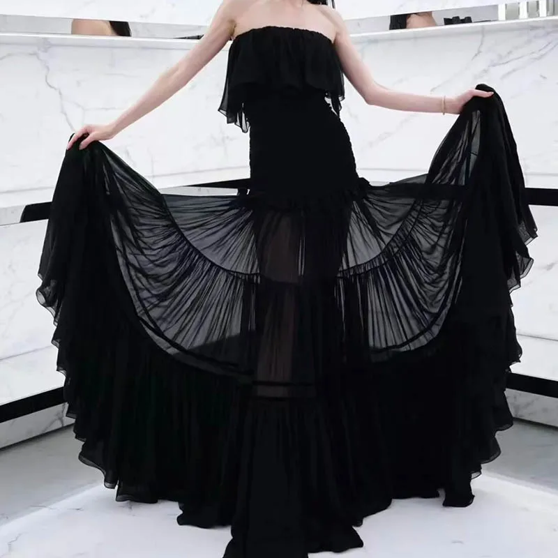 Ladies' Black Fashion Ultra-long Perspective Tube Top Dress Elegant Off Shoulder Maxi Dresses Sexy Party Y2K High End Clothes 25