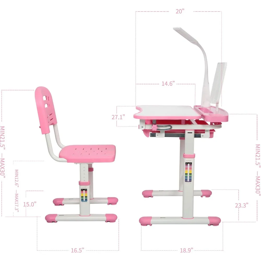 

Study Table Set,Multifunctional Height Adjustable with Tilting Tables Top,LED Lights,Metal Hooks,Children's Table and Chair Sets