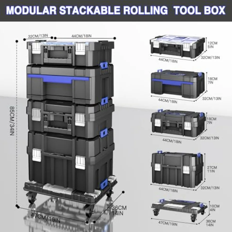 5 Tier Stackable Tool Box with Wheels for Garage Use, Steel Construction, Black Finish, Heavy-Duty Rolling Organizer