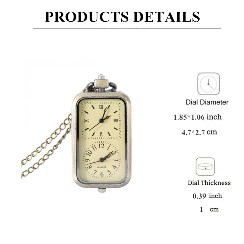 Retro Bronze Square Dual Time Zone MiniDesign Quartz Pocket Watch with Necklace Chain Leisure Pendant Gift Men\'s Clock