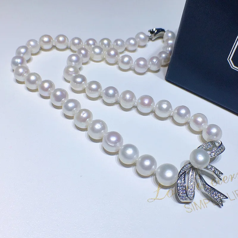 

012 Zhuji Natural Freshwater Pearl Necklace Wholesale Women Versatile Bowknot Collarbone Chain Fashion Jewelry Exquisite Gift