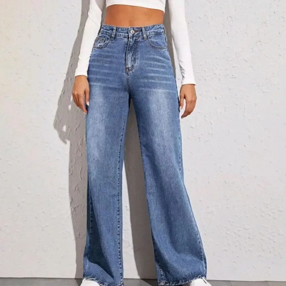 

New High Waist Denim Pants Buttons Zipper Closure Straight Wide Leg Long Trousers with Pockets Versatile Casual Jeans