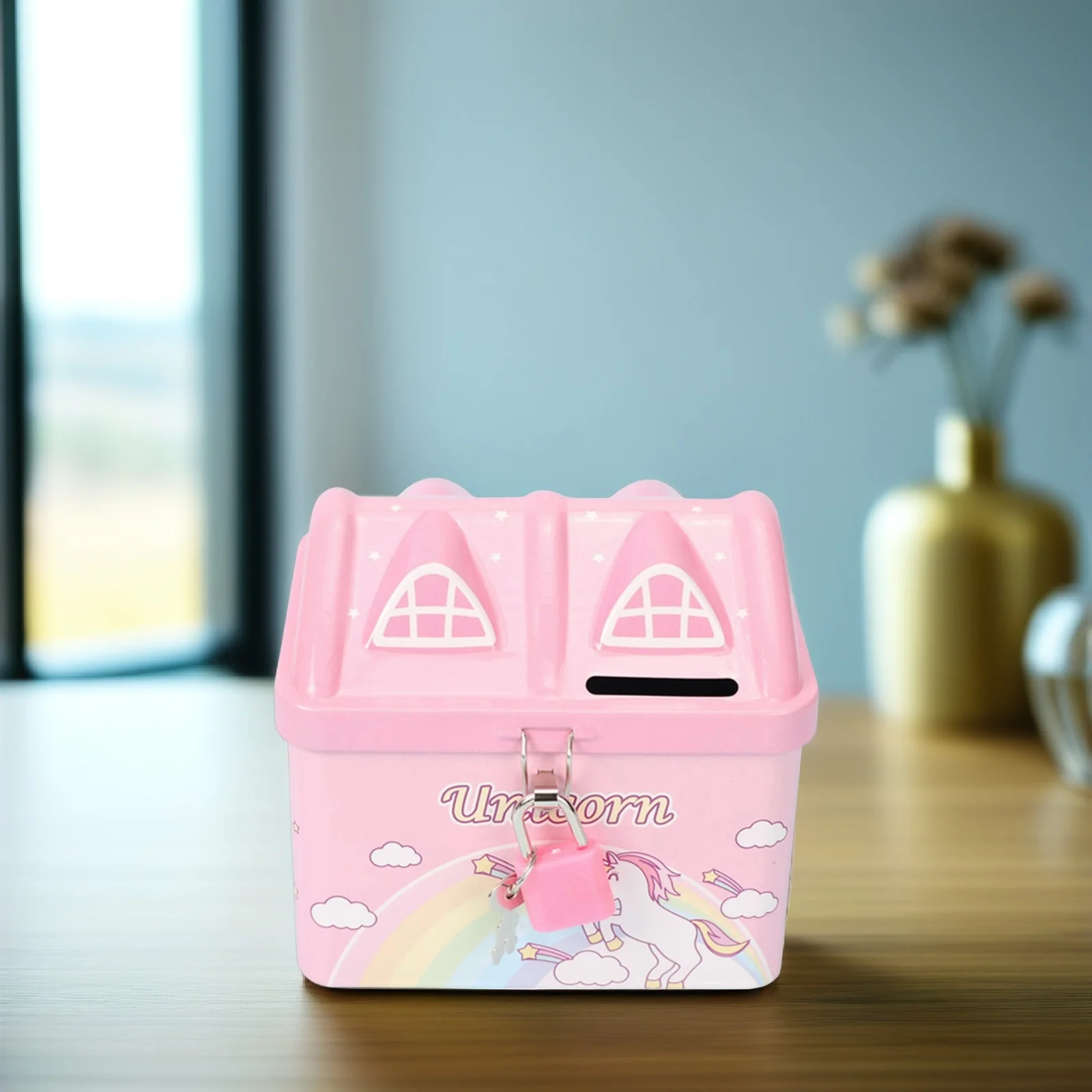 집 모양 만화 금속 저금통 자물쇠 어린이 소녀 돈 저금통 동전 항아리 방 장식 소녀용 저금통