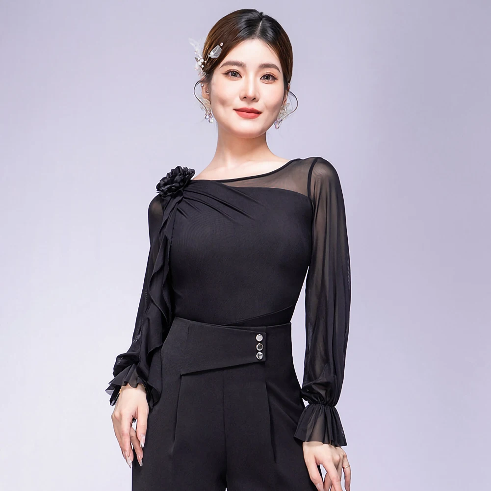 Top latino feminino azul escuro em torno do pescoço tridimensional flor roupas femininas novo vinho vermelho prática samba lanterna manga