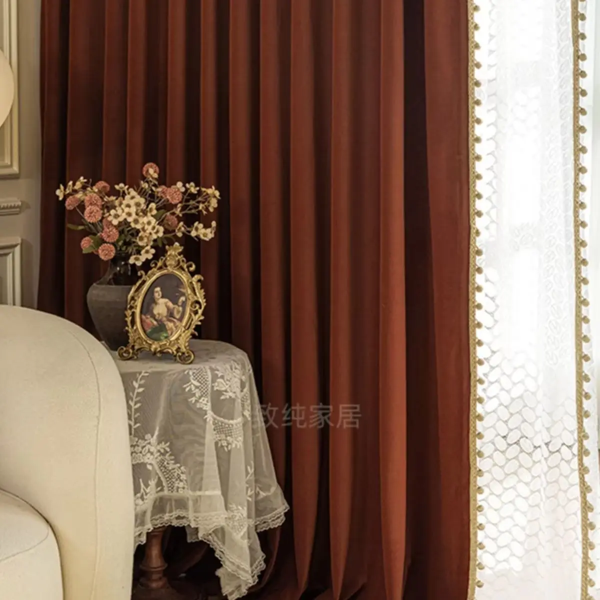 American Palace Style Retro Red-brown Curtains with Golden Lace Living Room Master Bedroom Decoration Room Blackout Velvet Door