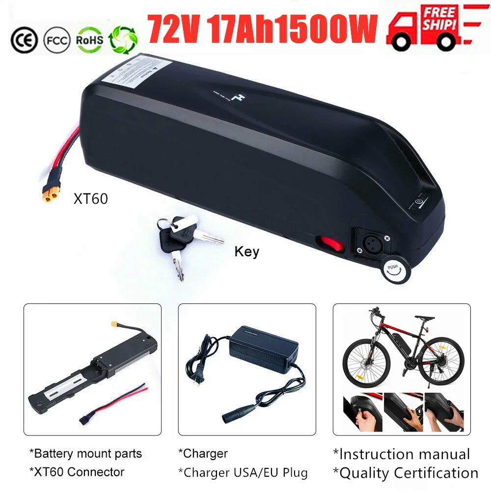 

72V Battery pack 12Ah 15Ah 17Ah Li-ion Battery Pack fits on Down Tube 1000W 1500W Motor 72V18650 battery pack with charger