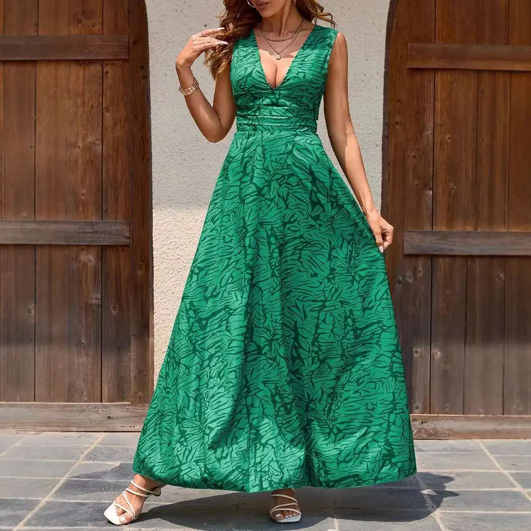 

New 2025 Summer Temu Women's Clothing Green New Sexy Vacation Style Printed Suspender Jumpsuit Long Skirt for Women Women Party