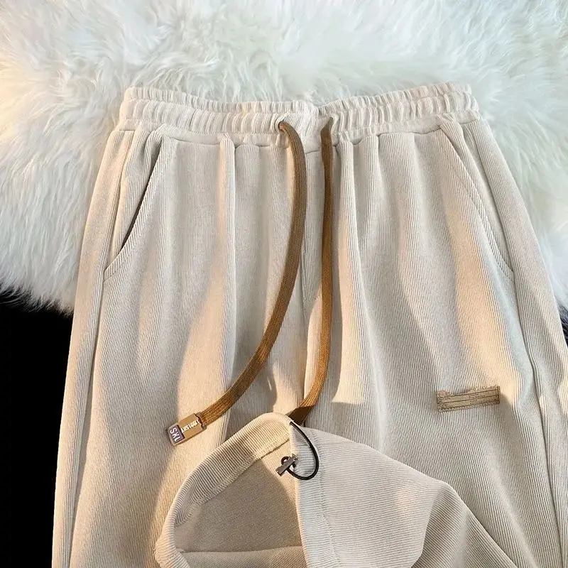 Autumn Winter Corduroy Sports Pants Men American Fashion Plus Velvet Thickened Straight Loose Drawstring Ties Casual Pants