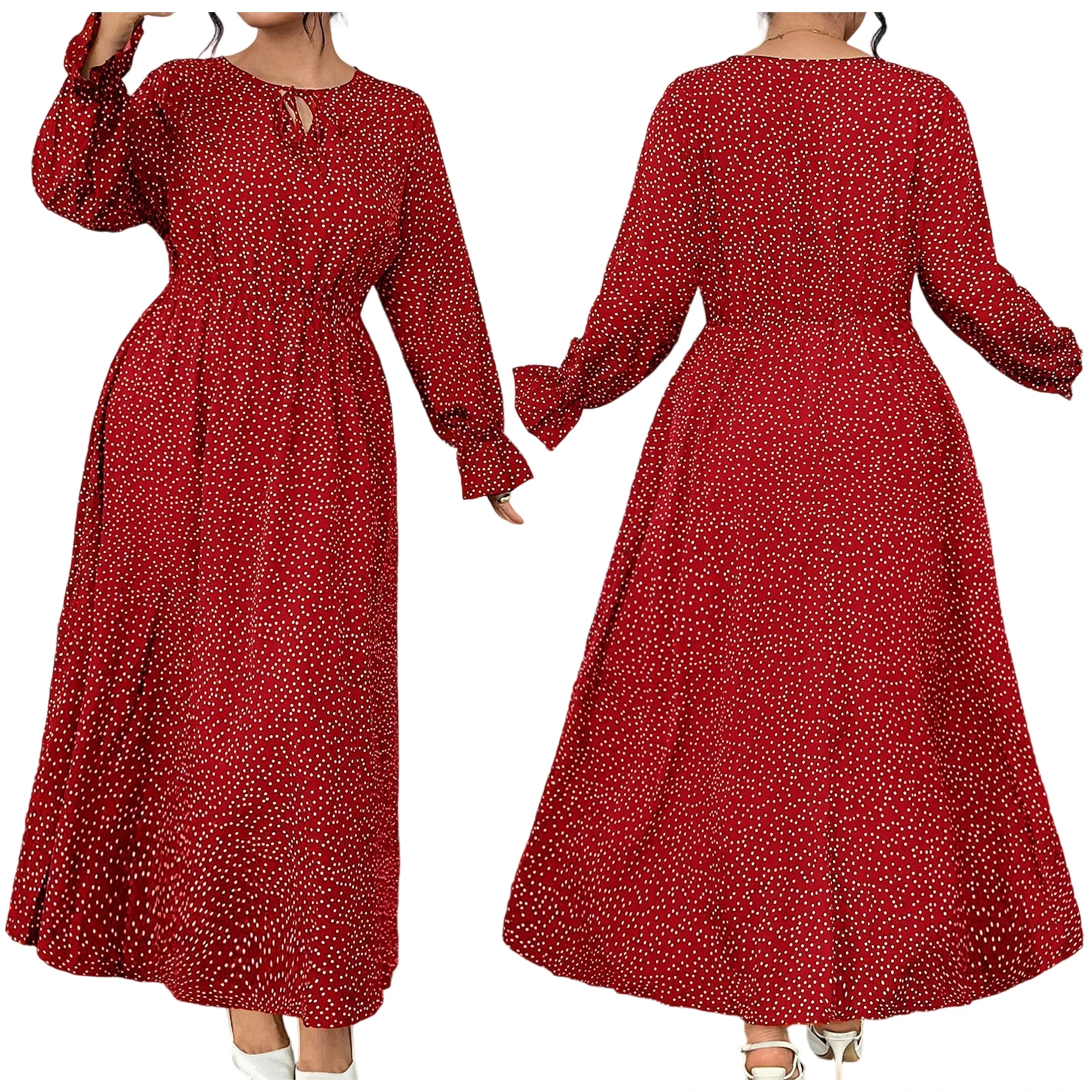 เดรสยาวพิมพ์ลายจุดเซ็กซี่แฟชั่นฤดูใบไม้ผลิปี 2026 สำหรับผู้หญิงไซส์ใหญ่ คอกลม แขนยาว ทรงเอไลน์ สไตล์ลำลอง ใส่ได้ทั้งฤดูใบไม้ร่วงและสตรีทแวร์