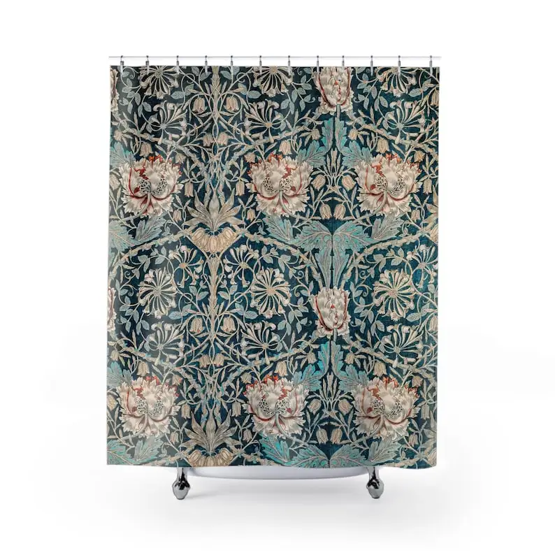 زهور زرقاء بنمط زهر العسل ويليام موريس، ديكور فني عتيق للحمام، ستارة دش من قماش البوليستر #2