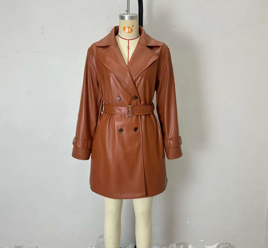 Classic autumn and winter women's handsome leather jacket with a lapel waistband and slim fit double breasted long leather jacke