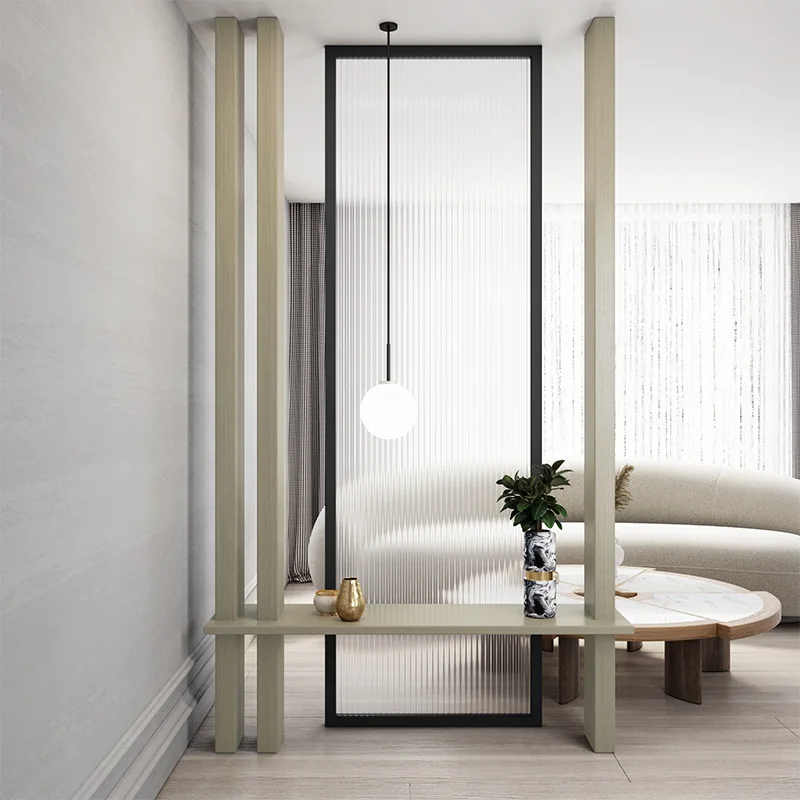 Tempered glass screen storage partition, living room entrance, bathroom sink