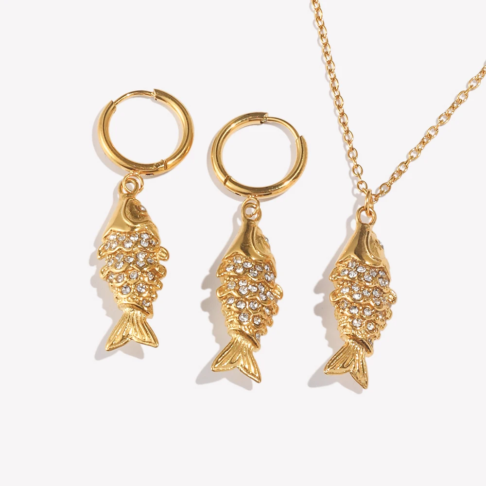 E.B.belle Rhinestone Koi Fish Necklace Earring Jewelry Set Stainless Steel Cute Fashion Animal Charm Waterproof 18K Gold Plated