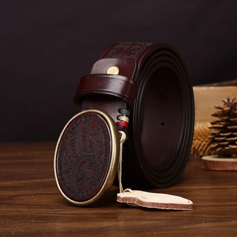 Men's Vintage Pattern Plate Buckle Belt, Smooth Buckle Genuine Top-grain Leather Casual Trouser Belt