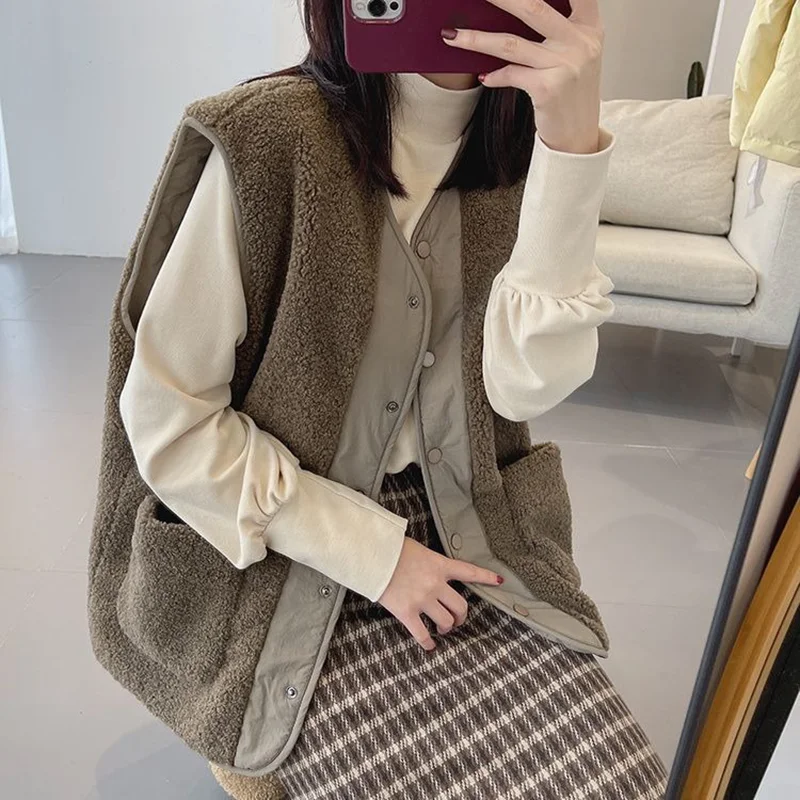 Smvp Fashion O-neck Waistcoat Solid Color Soft Baggy  single-breasted reversible Sleeveless warm plush Thicken Teddy Coat ladies